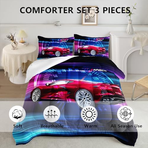 Axolotl Race Car Bedding Set Queen Size,Boys Extreme Sports Comforter for Kids Boys Racing,Red Cool Car Comforter Car Sports Quilt 1 Comforter Set with 2 Pillowcases