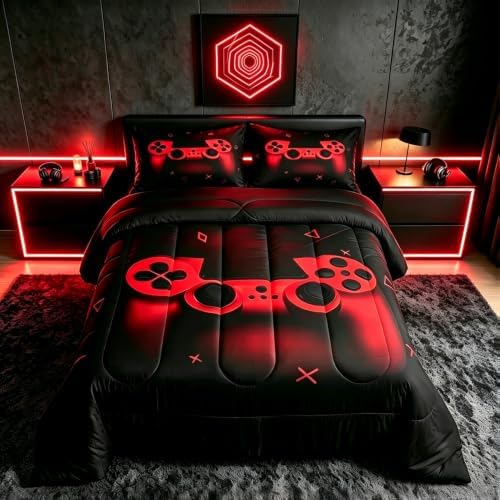 Boys Gamer Comforter Set Queen Size,Gamepad Bedding Set Kids Young Man Video Games Down Comforter for Teen Child Game Room Decor Black Red Classic Retro Gaming Quilted Duvet Set with Pillowcase