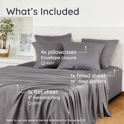 Bambaw 100% Viscose Derived from Bamboo Sheets Queen Size Set – 6pcs Deep Pocket Cooling Queen Sheets, Fits Up to 16'' with Elastic Corner Straps, Buttery Soft Sheets Queen (Dark Gray)