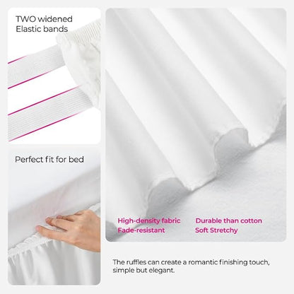 RIMELA White Bed Skirt Queen Size 15 Inch Drop, Elastic Bed Skirting for Adjustable Bed Base & Frame, Bedding Dust Ruffle Easy to Install, Wrap Around Bedskirt, Room Decoration
