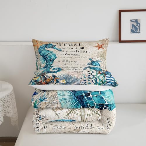 Homewish Seahorse Turtle Comforter Set Queen Size,Nautical Anchor Lighthouse Bedding Sets for Kids Girls Boys Teens Room Decor,Ocean Animals Quilt Set Vintage Bible Quotes Duvet Insert,2 Pillowcases