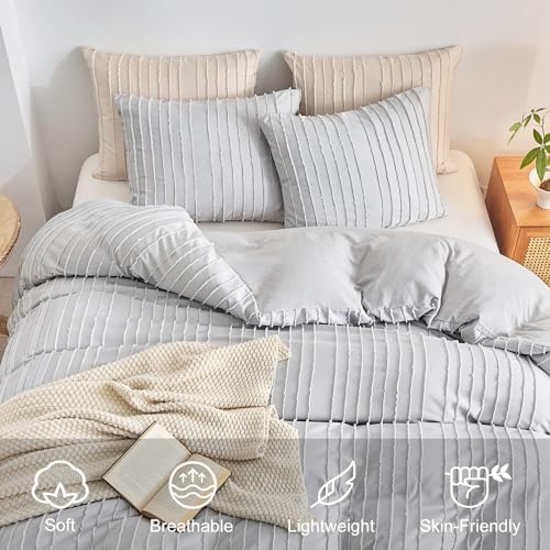 WARMDERN Lightgrey Boho Duvet Cover Queen Size, Striped Tufted Bedding Set