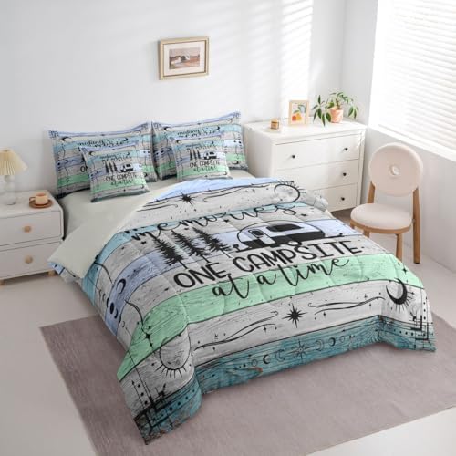 Twin Camper Comforter Set 7 Pieces, Happy Camping Bed In A Bag Rv Decorations For Inside, Vintage Rustic Farmhouse Bedding Set Sun Moon Starry Sky Comforter, Flat Sheet, Fitted Sheet, Pillowcases