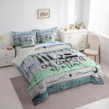 Twin Camper Comforter Set 7 Pieces, Happy Camping Bed In A Bag Rv Decorations For Inside, Vintage Rustic Farmhouse Bedding Set Sun Moon Starry Sky Comforter, Flat Sheet, Fitted Sheet, Pillowcases