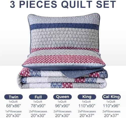 WONGS BEDDING Boho Quilt King Size, Patchwork Bedding Set, Blue Red