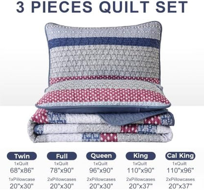 WONGS BEDDING Boho Quilt King Size, Patchwork Bedding Set, Blue Red