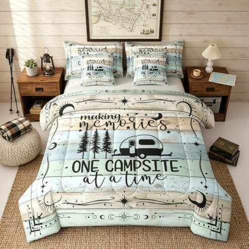 Happy Camping Comforter Set King, 7 Pieces Rv Camper Bed In A Bag Rustic Farmhouse Bedding Vintage Old Barn Door Bed Set (1 Comforter,2 Pillowcase,2 Throw Pillow Covers,1 Flat Sheet,1 Fitted Sheet)