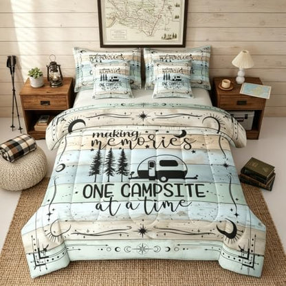 Happy Camping Comforter Set Twin, 7 Pieces Rv Camper Bed In A Bag Rustic Farmhouse Bedding Vintage Old Barn Door Bed Set (1 Comforter,2 Pillowcase,2 Throw Pillow Covers,1 Flat Sheet,1 Fitted Sheet)
