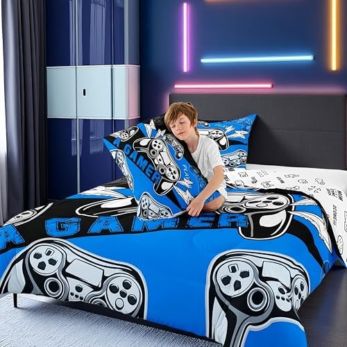 Erosebridal Gaming Comforter Sets for Boys Kids Video Game Comforter Set,Gamer Bedding Set Blue Black Quilt Duvet Set Men Boys Bedroom Decor,King Size 3Pcs