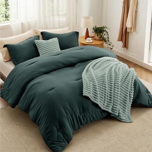 Bedsure Comforter Full Size 5 Pieces - Full Size Comforter Set with Fleece Throw Blanket and Decorative Pillow, Lightweiget Bedding Comforter Sets, All Season Bedding Sets, Emerald Green
