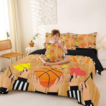 Erosebridal Orange Basketbal Ball Games Sports Theme 7 Piece Bedding Set Twin | Boys Gaming Pattern Boys Kids Comforter Set with Sheets Geometric Bed in A Bag Playground Bed Sets