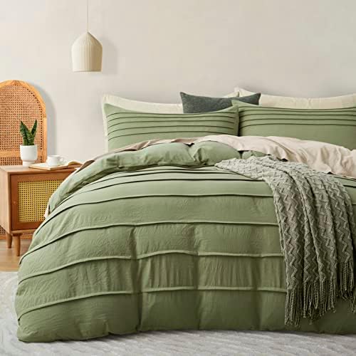 Oli Anderson 3PCS Pleated Duvet Cover Set, Sage Green, Queen