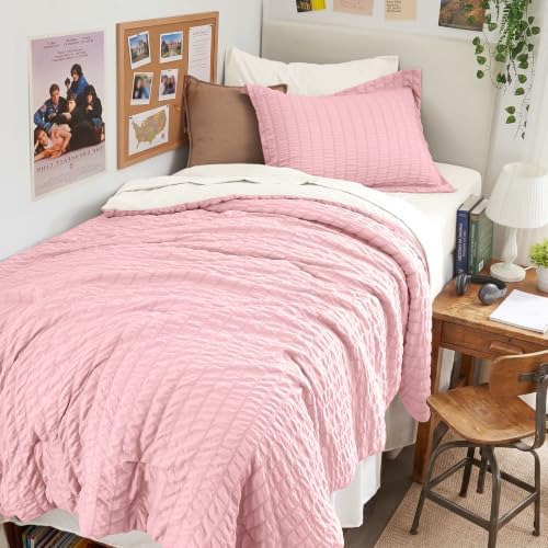 HYMOKEGE Pink/Ivory Twin XL Comforter Set Seersucker 5 Pieces, All Season Luxury Bed in a Bag for Bedroom, Bedding Set with Comforter, Sheets, Pillowcase & Sham