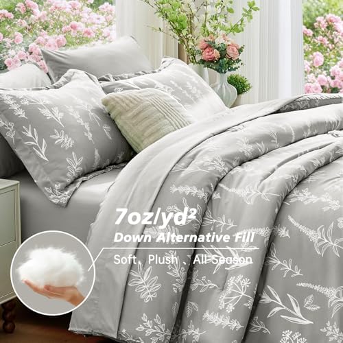 MUXHOMO Silver Grey Full Comforter Set, Elegant Floral Print Bed in a Bag 7 Pieces, Ultra Soft & Breathable Reversible Botanical Pattern Bedding Set with Comforter, Sheets, Pillowcases, and Shams