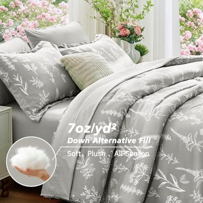 MUXHOMO Silver Grey Full Comforter Set, Elegant Floral Print Bed in a Bag 7 Pieces, Ultra Soft & Breathable Reversible Botanical Pattern Bedding Set with Comforter, Sheets, Pillowcases, and Shams