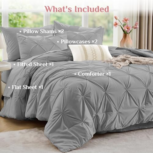 JOLLYVOGUE King Size Comforter Set 7 Pieces - Bed in a Bag King for All Season, Pintuck Bedding Comforter Sets with Comforter, Flat Sheet, Fitted Sheet and Pillowcases & Shams, Light Grey
