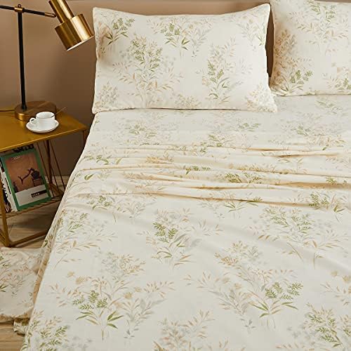 FADFAY Floral Leaves Bed Sheet Set Twin, Premium 100% Cotton 600 TC Green & Cream Grils Flower Bedding Botanical Printed Super Soft Breathable Deep Pocket Fitted Sheet 4Pcs, Twin