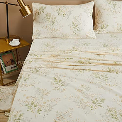FADFAY Floral Leaves Bed Sheet Set Twin, Premium 100% Cotton 600 TC Green & Cream Grils Flower Bedding Botanical Printed Super Soft Breathable Deep Pocket Fitted Sheet 4Pcs, Twin