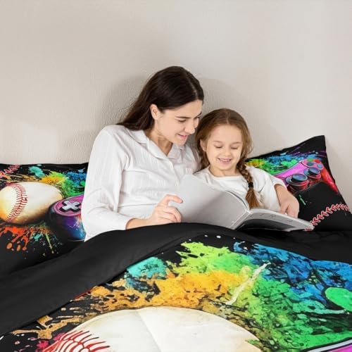 Castle Fairy Baseball Gamepad Twin Size Comforter Set for All Seasons,Kids Baseball Gaming Bedding Set Teens Bedroom Decor,Ball Sports Game Tie Dyed Comforter Inner Fill with 1 Pillowcase