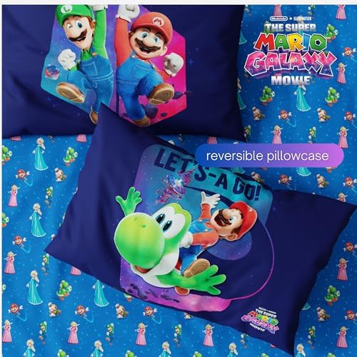 The Super Mario Galaxy Movie Bedding Set, Full Size 5 Piece Kids Super Soft Cozy Reversible Comforter and Sheet Set, (Officially Licensed Product) By Franco