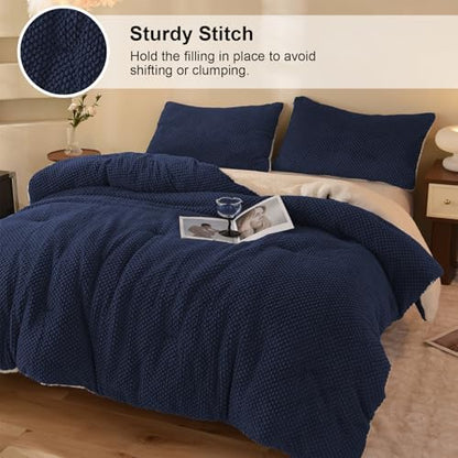 LLanCL 3D Jacquard Design Comforter Set, Ultra-Soft Warm Twin Size Sherpa Fur Plush 2-Pieces Sets Luxury Cozy Bedding with 1 Pillowcase (68"x90", Navy Blue)