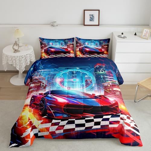 Feelyou Boys Red Race Car Toddler Bedding Set 1 Sports Car Comforter 1 Pillowcase Microfiber Modern Cartoon Racing Theme