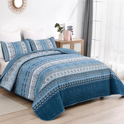 WONGS BEDDING Blue Quilt California King Size,3 Pcs Bedspread Bedding Set