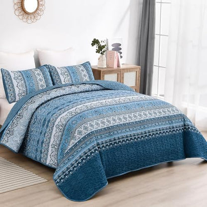 WONGS BEDDING Blue Quilt California King Size,3 Pcs Bedspread Bedding Set
