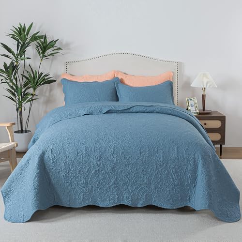 HoneiLife Queen Quilt Bedding Sets - Lightweight Bedspreads 3-Piece, Microfiber Quilt Sets Reversible Coverlets Rustic Bed Cover Damask Pattern Bedding Sets All Season Use