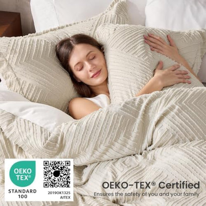 California King Comforter Set, Boho Tufted 3-Piece Bedding Set, Beige