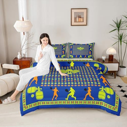 Castle Fairy Pickleball Game Comforter Set Queen Size for Kids American Tennis Sports Bedding Sets All Season Athlete Silhouette Quilt Set Bedroom Decor Modern Ball Gaming Down Comforter,3Pcs