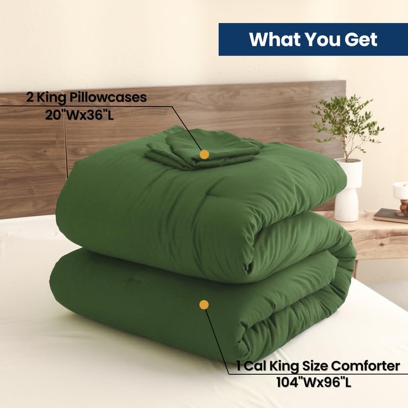 Paxrac Moss Green California King Comforter Set, 3 Pieces Lightweight Cal King Bedding Set, Soft Fluffy Comforter, All Season Bed Set (104"x96" Comforter & 2 Pillowcases)