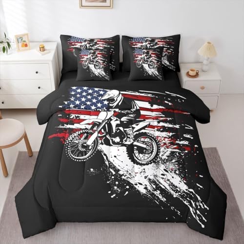 Feelyou Dirt Bike Rider Full Comforter Set with Sheets for Kids Boys Girls Splatter Print 7 Pieces Bedding Set Off-Road Racing Bed in a Bag Outdoor Sports Room Decor Motocross Art Soft Lightweight