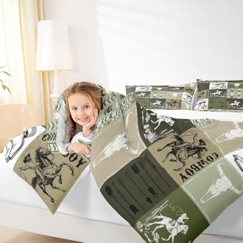 Manfei Cowboy Comforter Set Twin Size, Bull Skull Horse Arrow Quilt Set with 1 Pillowcase, Army Green Lattice Patchwork Bedding Set 2pcs for Kids Boys Bedroom Decor Western Duvet Insert
