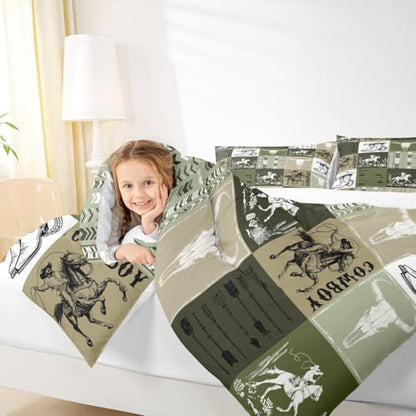 Manfei Cowboy Comforter Set Twin Size, Bull Skull Horse Arrow Quilt Set with 1 Pillowcase, Army Green Lattice Patchwork Bedding Set 2pcs for Kids Boys Bedroom Decor Western Duvet Insert