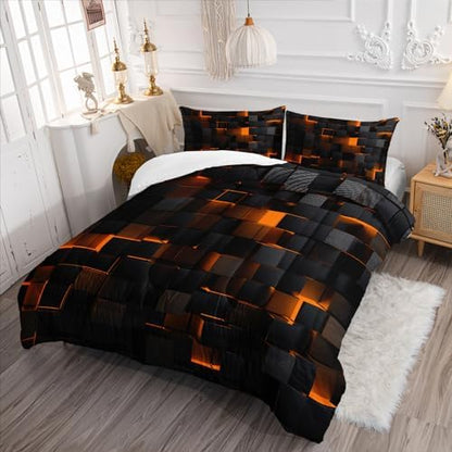 Nttopship Geometric Yellow Black Comforter Set,Light Honeycomb 3 Piece Bedding Set Twin Size for Teen Boys,Modern Quilt Set Geometry Decor,Microfiber Lightweight 1 Comforter 2 Pillowcases All Season
