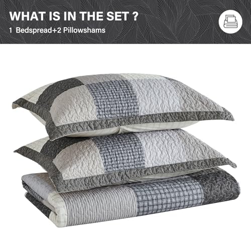 SahSahCasa 120"x120" 100% Cotton Oversized California King Quilt Bedspread Coverlet Set, Patchwork Plaid Cal King Quilted Bedspread Extra Large Quilt, XL Bed Spread Lightweight Comforter, Gray