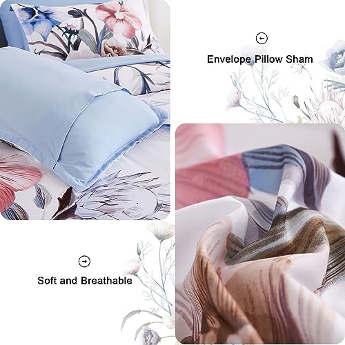 Luxudecor Floral Comforter Set King Size 7 Piece, Blue Flower Bed in a Bag, Elegant Floral Comforter with Sheet Set, Soft Microfiber Bedding Set for All Season (Blue, 104"x90")