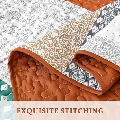 WONGS BEDDING Orange Queen Size Quilt Set, Boho Striped Patchwork Bedspread