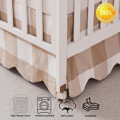 Brandream Scallop Edge Cotton Crib Skirt, Baby Boy Girl Gender Neutral Crib Skirt Toddler Bedskirt Farmhouse Chic Nursery Crib Bed Skirt, Boho Bohemian Khaki Buffalo Plaid Gingham Skirt