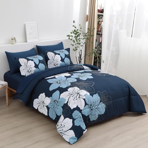 Luxudecor Navy Blue Comforter Set Twin Size, 5 Pieces Bed in a Bag Navy Blue Floral Comforter and Sheet Set, Soft Microfiber Complete Bedding Sets for All Seasons