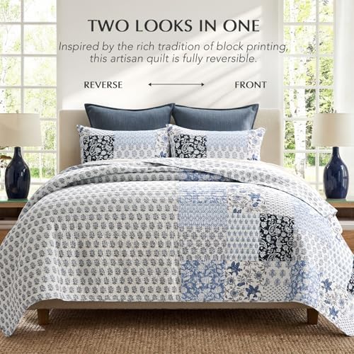 EverGrace 100% Cotton Patchwork Quilt Set, Queen Size, Coastal Blue 96"×92"