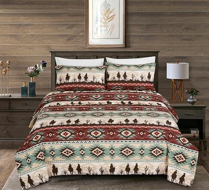 Chezmoi Collection 4-Piece Southwestern Cowboys Aztec Sheet Set California King - Multicolor Teal Brown Beige Tan Red Printed Brushed Microfiber Lightweight Breathable Deep Pocket Bed Sheets