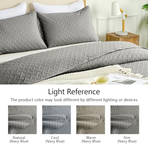 FLYMME Dark Grey Twin Quilt Bedding Set Thin Lightweight Bedspreads,Modern Style Geometric Weave Stripe Pattern,Soft Microfiber Bed Coverlet for All Season (1 Quilt, 1 Sham)