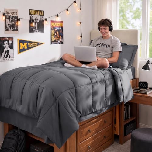 JOLLYVOGUE Twin XL Comforter Set, Ultra-Soft Bed in a Bag Twin XL Size 5 Pieces, Oeko-TEX Certified Bedding Set with Down Alternative Comforter, Sheets, Pillowcases & Shams, Dark Grey