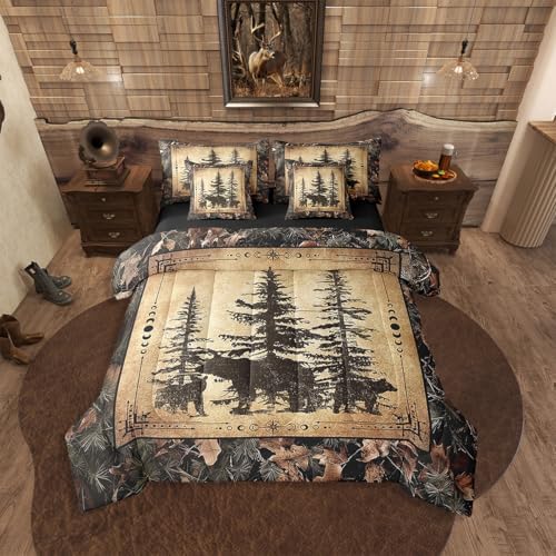 Erosebridal Tree Camo Cabin Comforter Set King 7 Piece Rustic Farmhouse Bedding Sets with Sheets Camouflage Hunting Wildlife Bear Bed in A Bag for Boys Teen Men,Woodland Pine Tree Animal Bed Set
