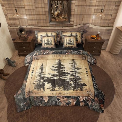 Erosebridal Tree Camo Cabin Comforter Set King 7 Piece Rustic Farmhouse Bedding Sets with Sheets Camouflage Hunting Wildlife Bear Bed in A Bag for Boys Teen Men,Woodland Pine Tree Animal Bed Set