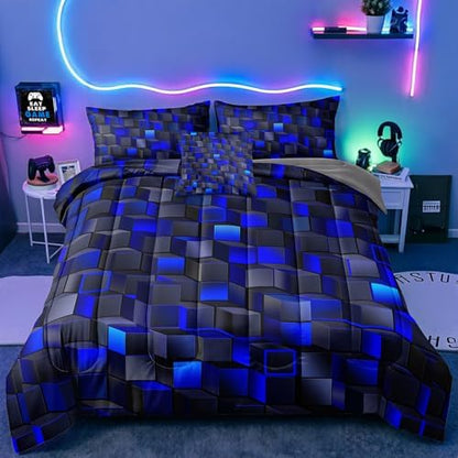 6 Pieces 3D Block Bedding Set Twin Size Blue Gaming Block for Boys Comforter Set Bed in A Bag Perfect for Boys Girls Kids Teens Bedroom Decorative Twin13