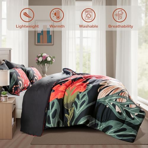 Tyrot Black Red Boho Floral Queen Comforter Set - 3 Piece Farmhouse Botanical Bedding Comforter Sets for All Season Soft Lightweight Mid Century Bed Set, (1 Reversible Comforter and 2 Pillow Shams
