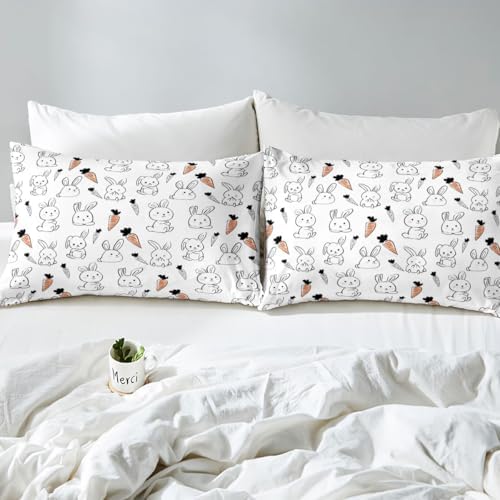 Kawaii Bedding Set, for Kids Girls Cute Cartoon Rabbit Bedding Set, Sketch Carrot Duvet Cover, Kawaii Room Decor, Pink Soft Reversible Comforter Cover Set, Lovely Animal Bedding Comforter, Twin Size